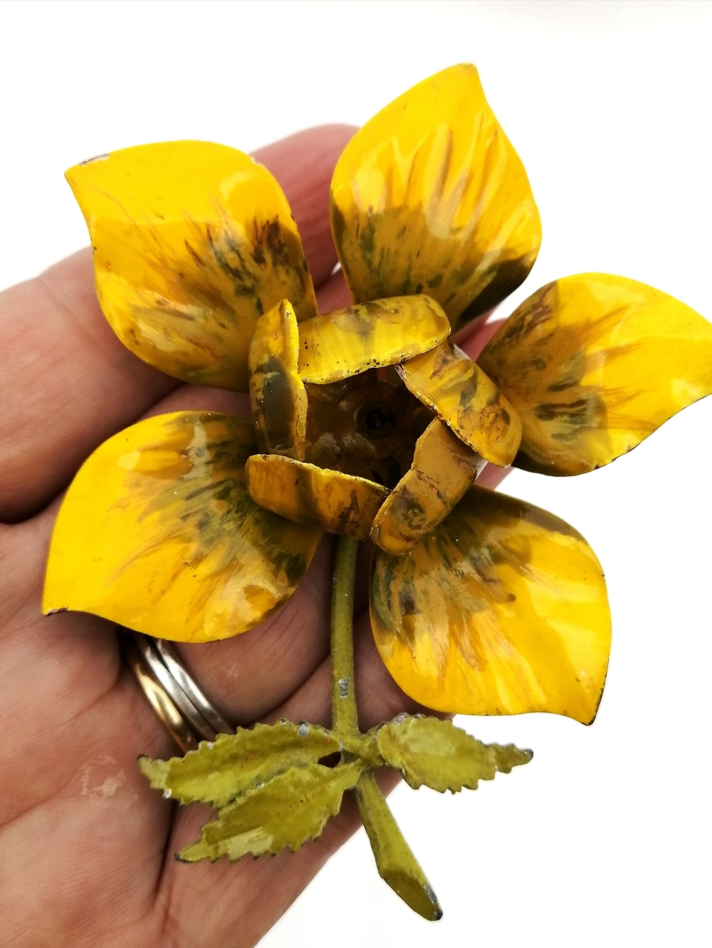 Vintage Large Yellow Enamel Flower Brooch, Daffodil, Daisy, 70s Mod Floral Pin